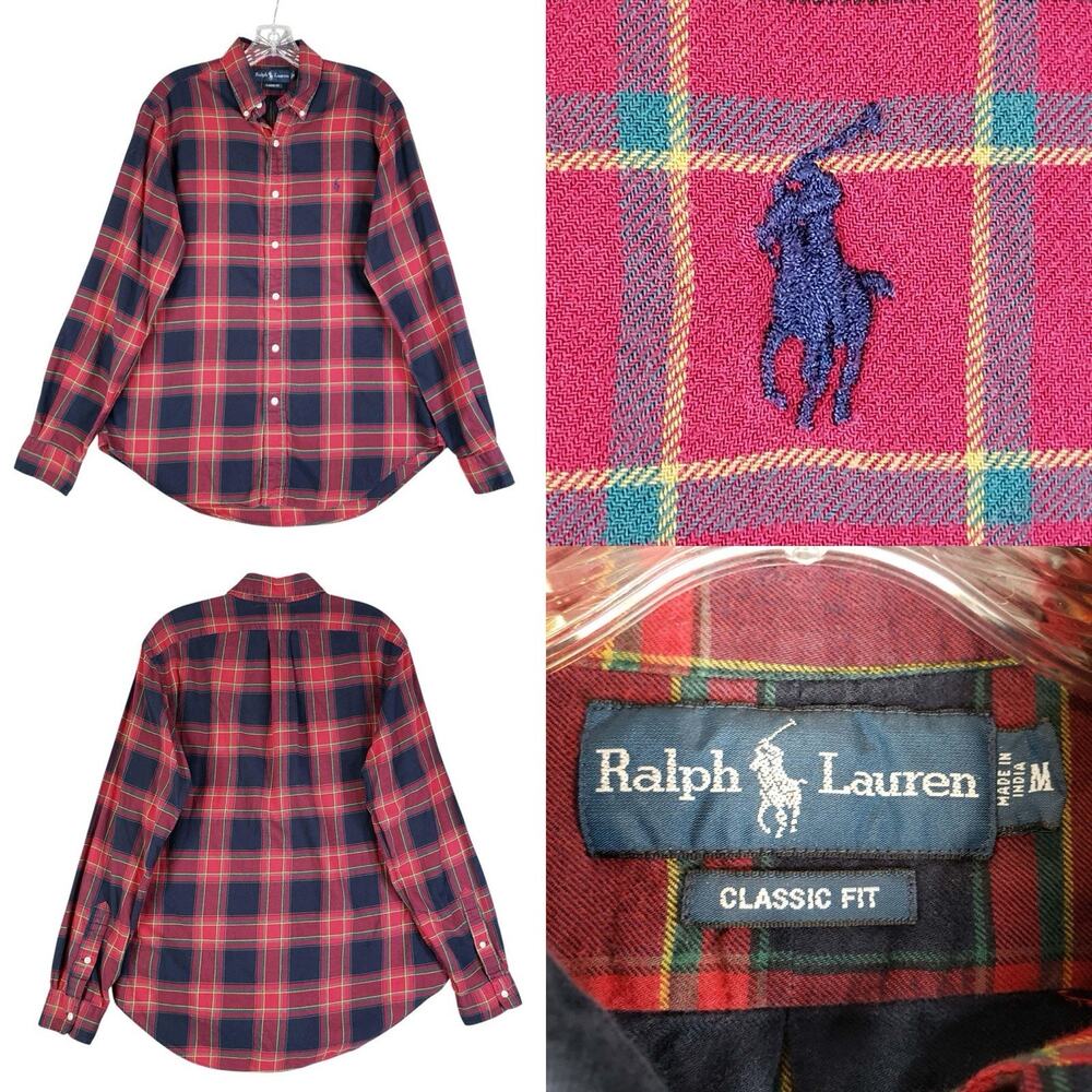 Polo Ralph Lauren Oxford Shirt Mens Medium M LS Button Down Red Plaid Blue